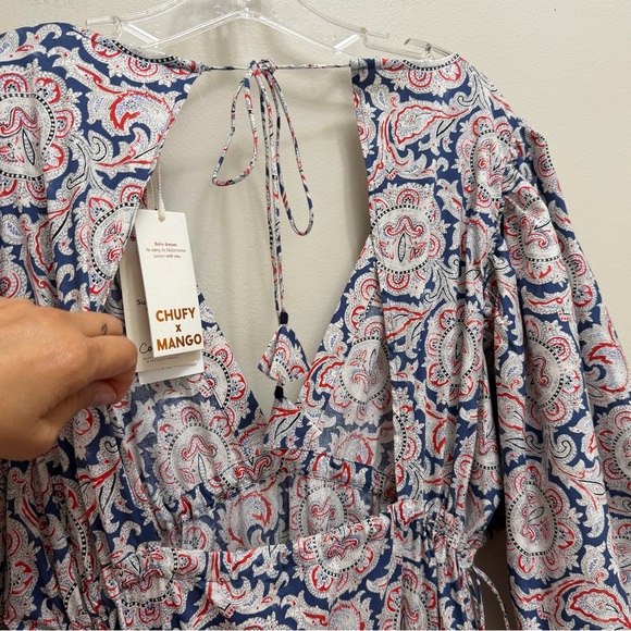 NWT Chufy x Mango Soller Boho Maxi Tiered Dress Puff Sleeve Tassel Blue Red 4 - Picture 13 of 16